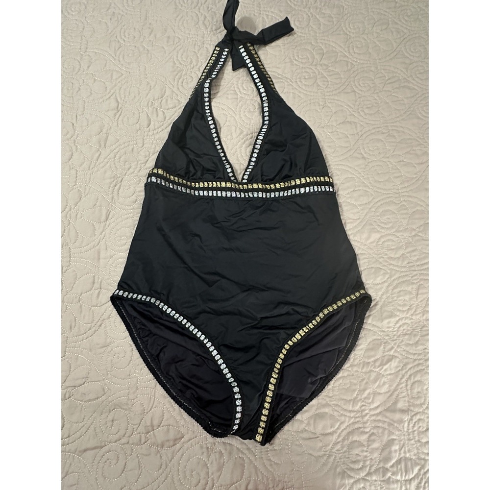 La Blanca Women's One Piece Swim Suit Black W/ Gold Silver Accents‎ Size 16